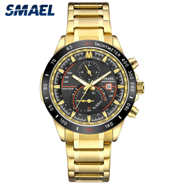 SMAEL Uhr Mode Herrenuhren Gold Ton Edelstahl Expansionsband Casual Wasserdicht Business Quarz Armbanduhr 9062